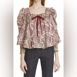 CINQ À SEPT Liza Paisley Smocked Top In Canvas/Merlot Small